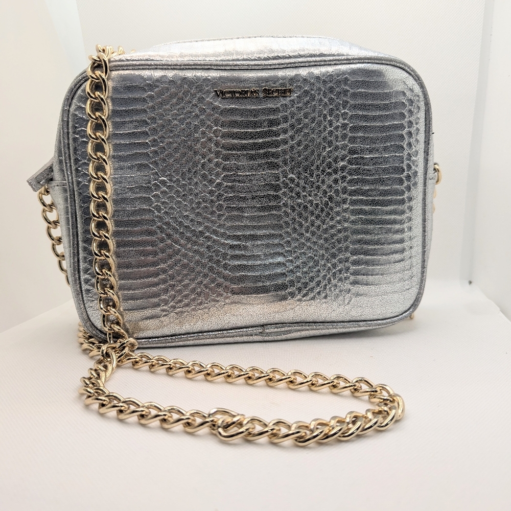 Victoria's Secret Silver Metallic Snake Print Gold Chain Crossbody Purse Y2K